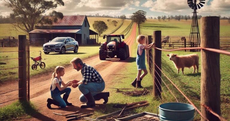 A father chats to his daughter while fixing a farm fence, while the son gazes at the animals. Balancing Interests: Navigating the Challenges of On-Farm and Off-Farm Children in Farm Estate Planning.